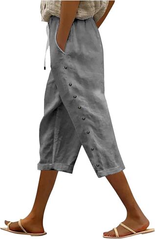 Women Summer Capri Pants Trendy Side Button Capris Drawstring Elastic Waist Cotton Linen Cropped Pant with Pockets in Saudi Arabia