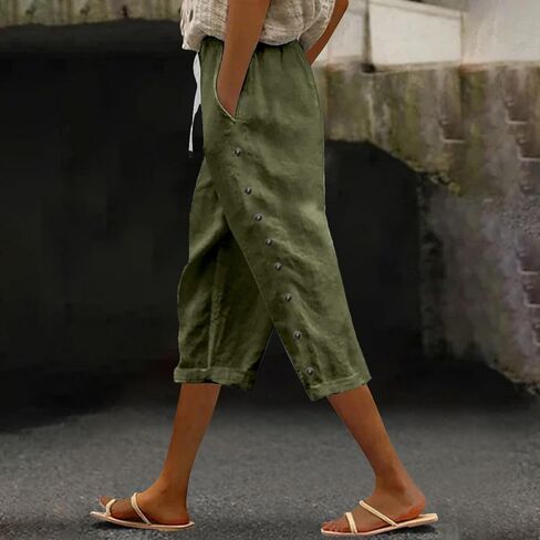 Women Summer Capri Pants Trendy Side Button Capris Drawstring Elastic Waist Cotton Linen Cropped Pant with Pockets in Saudi Arabia