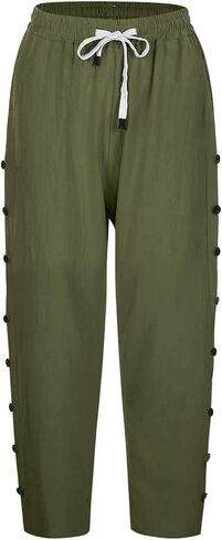 Women Summer Capri Pants Trendy Side Button Capris Drawstring Elastic Waist Cotton Linen Cropped Pant with Pockets in Saudi Arabia
