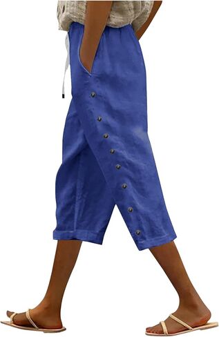 Women Summer Capri Pants Trendy Side Button Capris Drawstring Elastic Waist Cotton Linen Cropped Pant with Pockets in Saudi Arabia