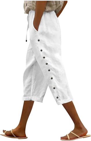 Women Summer Capri Pants Trendy Side Button Capris Drawstring Elastic Waist Cotton Linen Cropped Pant with Pockets in Saudi Arabia