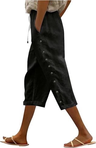 Women Summer Capri Pants Trendy Side Button Capris Drawstring Elastic Waist Cotton Linen Cropped Pant with Pockets in Saudi Arabia
