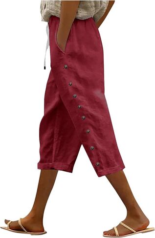 Women Summer Capri Pants Trendy Side Button Capris Drawstring Elastic Waist Cotton Linen Cropped Pant with Pockets in Saudi Arabia