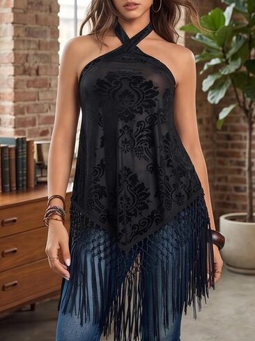 Women's Western Fringe Halter Top Boho Burnout Velvet Sleeveless Handkerchief Hem Shirt Country Concert Outfits Y2K in Kuwait