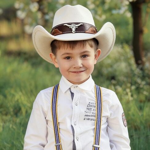 Jastore Kids Girls Boys Cowboy Cowgirl Hat Western Wide Brim Felt Fedora Hat with Buckle Belt in Kuwait