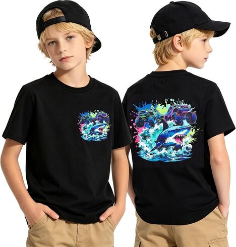 Funnycokid Boys T-Shirts Double-Sided Print Shirts Short Sleeve Casual Tees Graphic School Tops for 7-12 Years in Kuwait