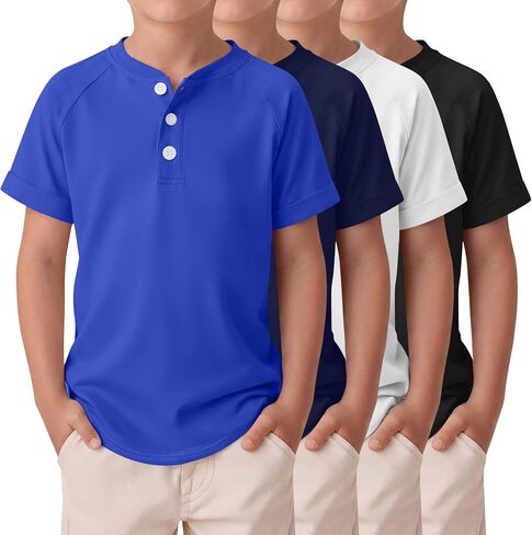 4 قطع من قمصان Halfchet للأولاد بأكمام قصيرة من Henley للأطفال، قمصان فضفاضة بأزرار أمامية للمراهقين، قمصان صيفية كاجوال سادة in Kuwait