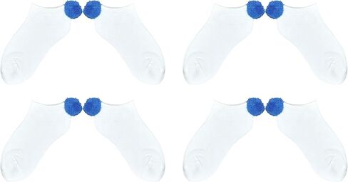 NEW! Pom Pom Socks Girls (4 Pair) Youth - Lowcut Ped Socks Pom-Pom Athletic Socks - Fits Kids Shoe Size: 9-3 (Blue 4 Pair) in Kuwait