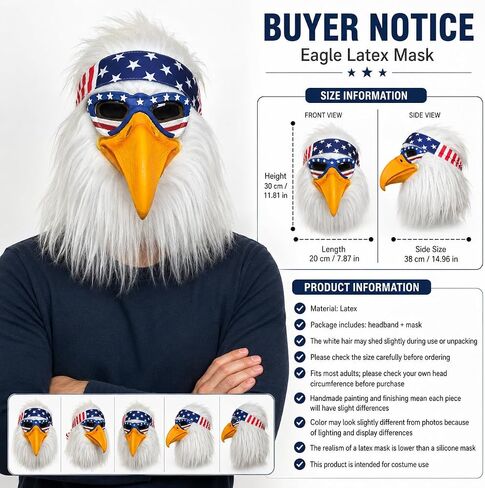 Bald Eagle Mask with Flag Bandana Animal Furry Headpiece Latex Bird Masks Costume Accessory for Adults 4th of July Halloween Cosplay Props in Saudi Arabia