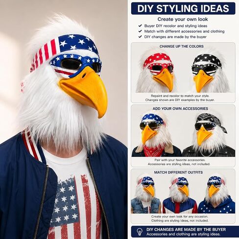 Bald Eagle Mask with Flag Bandana Animal Furry Headpiece Latex Bird Masks Costume Accessory for Adults 4th of July Halloween Cosplay Props in Saudi Arabia
