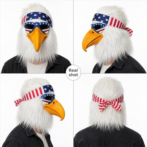 Bald Eagle Mask with Flag Bandana Animal Furry Headpiece Latex Bird Masks Costume Accessory for Adults 4th of July Halloween Cosplay Props in Saudi Arabia