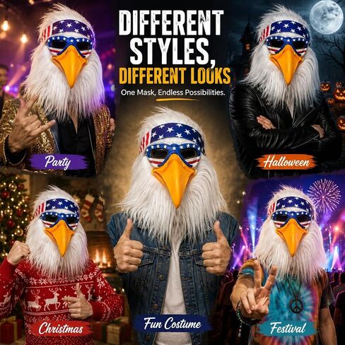Bald Eagle Mask with Flag Bandana Animal Furry Headpiece Latex Bird Masks Costume Accessory for Adults 4th of July Halloween Cosplay Props in Saudi Arabia