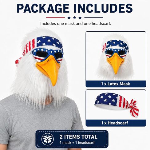 Bald Eagle Mask with Flag Bandana Animal Furry Headpiece Latex Bird Masks Costume Accessory for Adults 4th of July Halloween Cosplay Props in Saudi Arabia