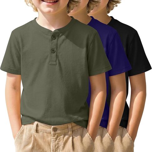 3 Pack Boys Short Sleeve Henley Shirts Teen Summer T-Shirts Kids Button Front Casual Tops Loose Fit Tees for 5-14 Y in Kuwait