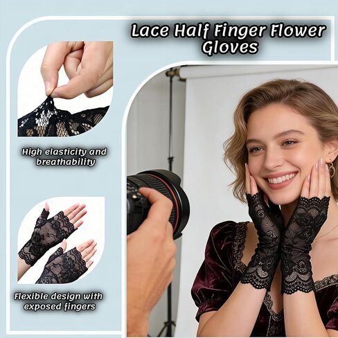 Women's Short Lace Fingerless Gloves, Sun Protection UV Proof Elegant Wedding Opera Party Flapper 1920s Costume Role Play Evening Gloves, Breathable & Elastic in Saudi Arabia