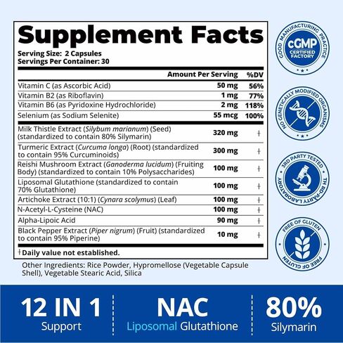 Milk Thistle Liver Health Support — 80% Silymarin, Liposomal Glutathione, 12-in-1 Formula with NAC, Turmeric, Artichoke — Antioxidant, Metabolism & Energy Support — 60 Capsules in Saudi Arabia