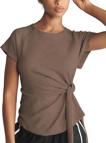 Women's Tie Belt Short Sleeve Pullover Summer Slim Fit Daily Casual Top Soft Stretch Activewear Gym T-Shirt in Saudi Arabia