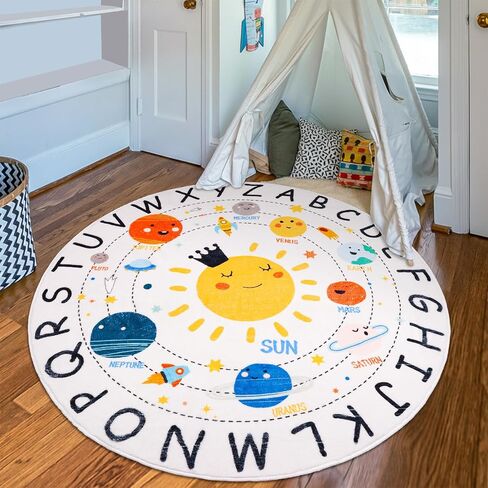 Round ABC Space Kids Rugs,4 ft Non-Slip Solar System Alphabet Rugs, Washable Rug, Soft Plush Educational Circle Rug for Classroom playroom Bedroom Kids Room Decor(for Age 2+) in Saudi Arabia