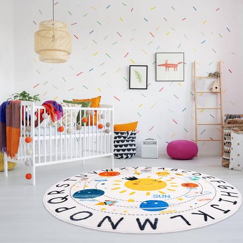 Round ABC Space Kids Rugs,4 ft Non-Slip Solar System Alphabet Rugs, Washable Rug, Soft Plush Educational Circle Rug for Classroom playroom Bedroom Kids Room Decor(for Age 2+) in Saudi Arabia