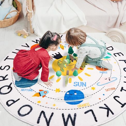 Round ABC Space Kids Rugs,4 ft Non-Slip Solar System Alphabet Rugs, Washable Rug, Soft Plush Educational Circle Rug for Classroom playroom Bedroom Kids Room Decor(for Age 2+) in Saudi Arabia