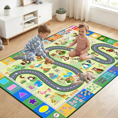 ABC Rugs for Kids Playroom, 3x5 Feet Learning Rug for Kids Room with Car Track & Animals, Non-Slip Educational Floor Mat for Toddler Nursery Classroom, Green in Kuwait