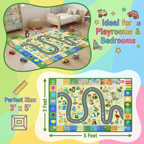 ABC Rugs for Kids Playroom, 3x5 Feet Learning Rug for Kids Room with Car Track & Animals, Non-Slip Educational Floor Mat for Toddler Nursery Classroom, Green in Kuwait
