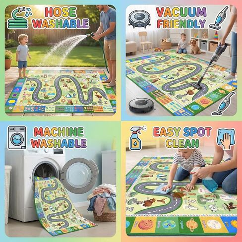 ABC Rugs for Kids Playroom, 3x5 Feet Learning Rug for Kids Room with Car Track & Animals, Non-Slip Educational Floor Mat for Toddler Nursery Classroom, Green in Kuwait