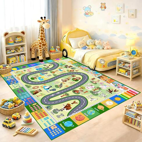 ABC Rugs for Kids Playroom, 3x5 Feet Learning Rug for Kids Room with Car Track & Animals, Non-Slip Educational Floor Mat for Toddler Nursery Classroom, Green in Kuwait