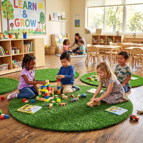 Dunzy 2 Pack Artificial Grass Mats for Class 39 Inch Round Classroom Rug Floor Cushions Soft First Day of School Educational Mat Non Slip Back to School Learning Playing Areas in Kuwait