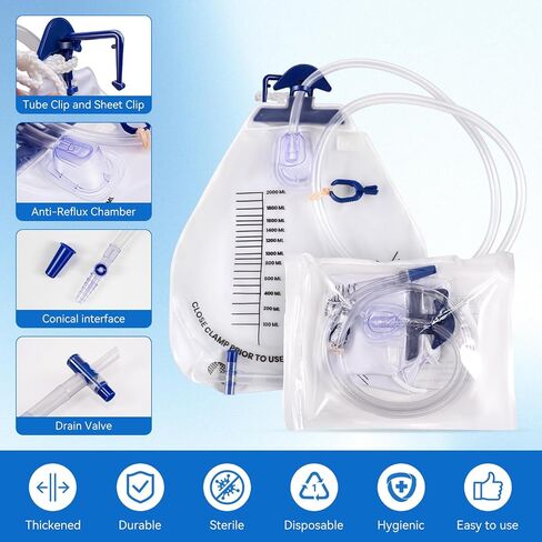 Urine Drainage Bags 5 Pack 2000ml Catheter Bags with 48 Inch Kink Resistant Tube, Anti Backflow Urine Collection Bags with Clear Scale, Leak Resistant Design and Soft for Daily Use in Saudi Arabia