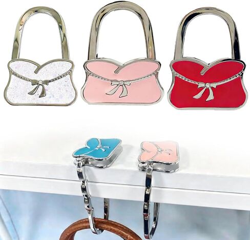 3 PCS New Bow Pattern Foldable Purse Hook for Table - Portable Bag Holder,Folding Handbag Hanger,Bag Hooks for Desk, Purse Charms (White+Black+red) in Saudi Arabia