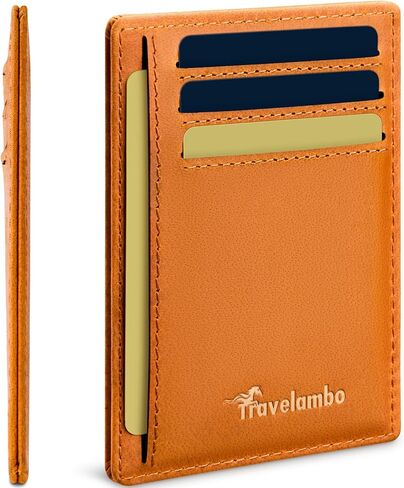 محفظة Travelambo 100% من الجلد الطبيعي للرجال والنساء، حامل بطاقة ائتمان بجيب أمامي نحيف وبسيط RFID مع صندوق هدايا (بني 02) in Kuwait