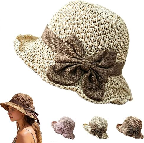 Versatile Retro Woven Handmade Straw Hat with Ruffled Bow for Women Elegant Crochet Straw Foldable Breathable Sun Hat in Saudi Arabia