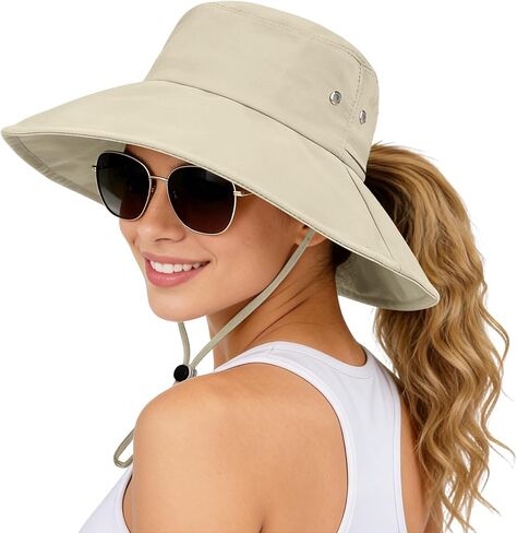 Sun Hats for Women Wide Brim Bucket Hat Ponytail, Fishing Hat UPF 50+ Packable for Beach Gardening with Fold-Up Brim in Kuwait