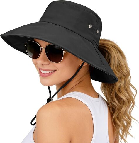 Sun Hats for Women Wide Brim Bucket Hat Ponytail, Fishing Hat UPF 50+ Packable for Beach Gardening with Fold-Up Brim in Kuwait