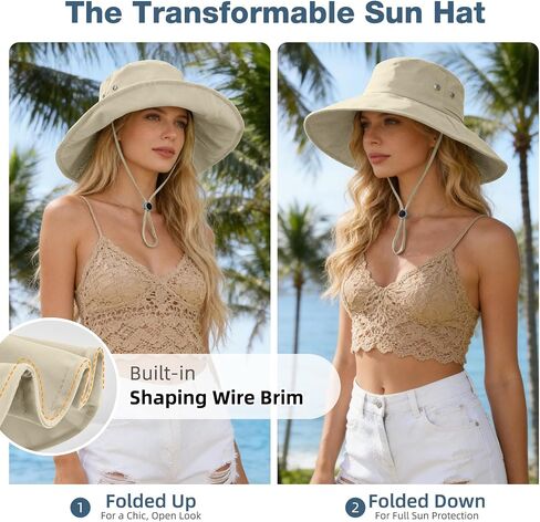 Sun Hats for Women Wide Brim Bucket Hat Ponytail, Fishing Hat UPF 50+ Packable for Beach Gardening with Fold-Up Brim in Kuwait
