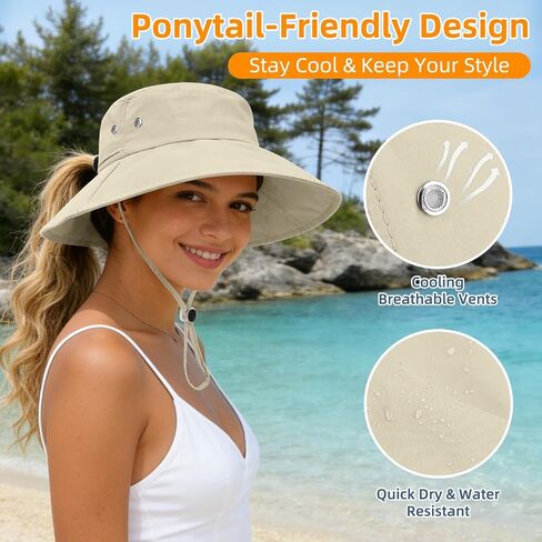 Sun Hats for Women Wide Brim Bucket Hat Ponytail, Fishing Hat UPF 50+ Packable for Beach Gardening with Fold-Up Brim in Kuwait