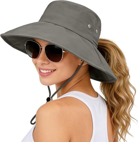 Sun Hats for Women Wide Brim Bucket Hat Ponytail, Fishing Hat UPF 50+ Packable for Beach Gardening with Fold-Up Brim in Kuwait