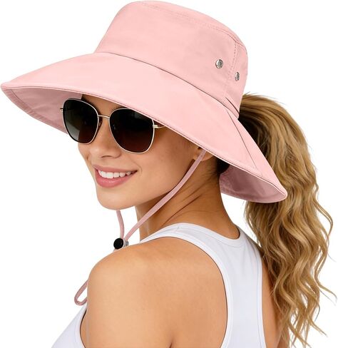 Sun Hats for Women Wide Brim Bucket Hat Ponytail, Fishing Hat UPF 50+ Packable for Beach Gardening with Fold-Up Brim in Kuwait