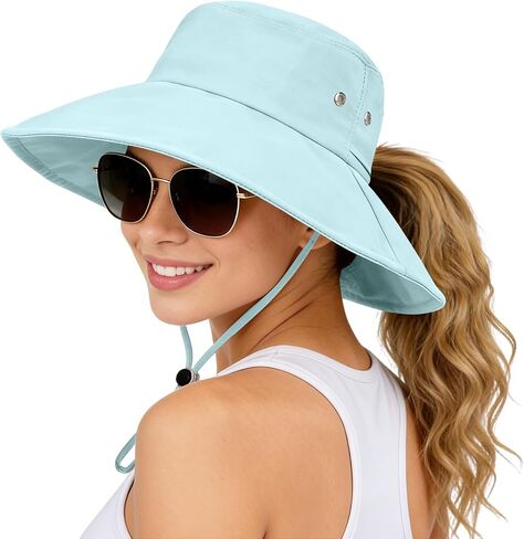 Sun Hats for Women Wide Brim Bucket Hat Ponytail, Fishing Hat UPF 50+ Packable for Beach Gardening with Fold-Up Brim in Kuwait