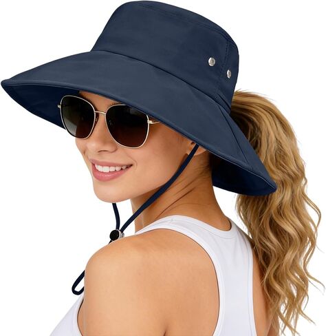 Sun Hats for Women Wide Brim Bucket Hat Ponytail, Fishing Hat UPF 50+ Packable for Beach Gardening with Fold-Up Brim in Kuwait