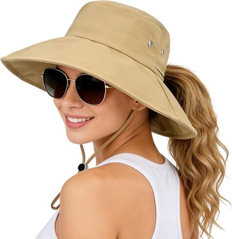 Sun Hats for Women Wide Brim Bucket Hat Ponytail, Fishing Hat UPF 50+ Packable for Beach Gardening with Fold-Up Brim in Kuwait
