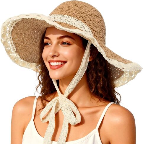 Beach Hats for Women - Beach Hat Womens UPF 50+ Lace Ribbon,Packable Sun Hat Women,Straw Hat for Women 2026 in Saudi Arabia