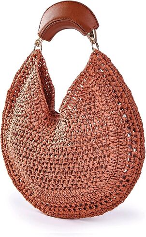 Women's Straw Hobo Bag Woven Crescent Shoulder Bag Summer Beach Tote Bag with Leather Handle for Vacation Travel | PU leather handle in Kuwait