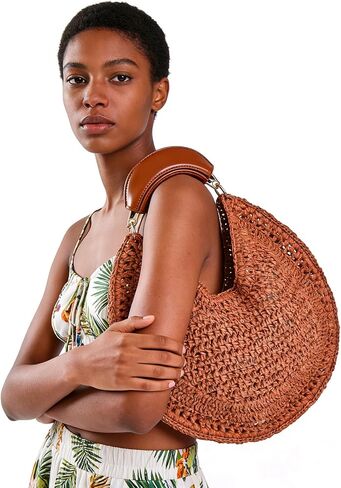Women's Straw Hobo Bag Woven Crescent Shoulder Bag Summer Beach Tote Bag with Leather Handle for Vacation Travel | PU leather handle in Kuwait
