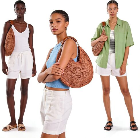 Women's Straw Hobo Bag Woven Crescent Shoulder Bag Summer Beach Tote Bag with Leather Handle for Vacation Travel | PU leather handle in Kuwait