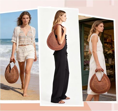 Women's Straw Hobo Bag Woven Crescent Shoulder Bag Summer Beach Tote Bag with Leather Handle for Vacation Travel | PU leather handle in Kuwait