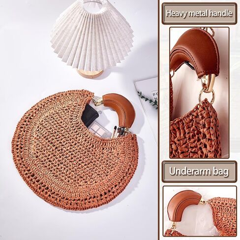 Women's Straw Hobo Bag Woven Crescent Shoulder Bag Summer Beach Tote Bag with Leather Handle for Vacation Travel | PU leather handle in Kuwait