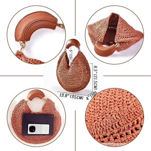 Women's Straw Hobo Bag Woven Crescent Shoulder Bag Summer Beach Tote Bag with Leather Handle for Vacation Travel | PU leather handle in Kuwait