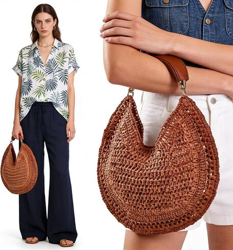Women's Straw Hobo Bag Woven Crescent Shoulder Bag Summer Beach Tote Bag with Leather Handle for Vacation Travel | PU leather handle in Kuwait